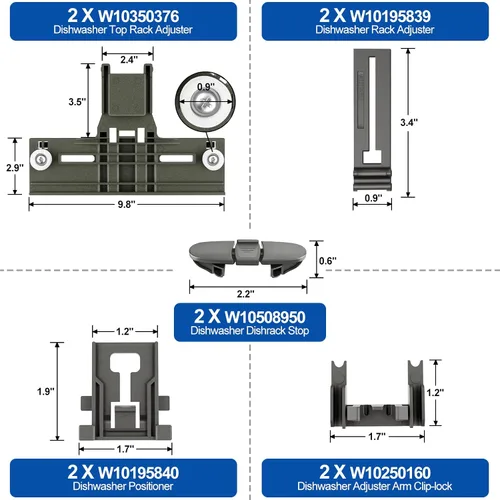 Vista 2 de Piezas de ajustador de estante superior para lavavajillas W10350376 para Whirlpool Kenmore W10195840 KUDS30IXSS4 Parte superior del estante