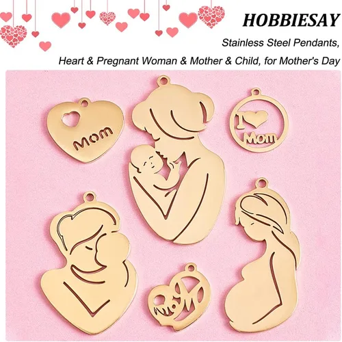 Vista 4 de Mother's Day Stainless Steel Pendants Mother Charms Flat Round with Mother Charms Pendants for Jewelry Making Golden