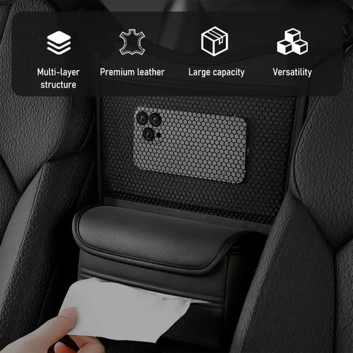 Vista 5 de Organizador de Coche para Almacenamiento Entre Asientos, Bolsa de Almacenamiento para Asiento Delantero de Cuero Nappa con Soporte para Pañuelos