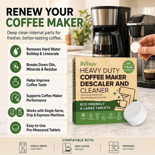 Vista 2 de Renuv Tabletas Limpiadoras y Descalcificadoras para Cafetera, 12 Usos para Keurig, Ninja, Breville, Delonghi, Nespresso, Miele, Jura, Mr Coffee