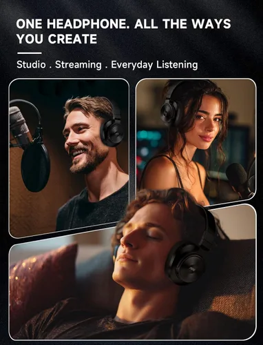 Vista 7 de AOC Auriculares Bluetooth sobre la oreja, monitor de estudio inalámbrico y auriculares DJ mezcladores con tiempo de reproducción de 72 horas, Negro