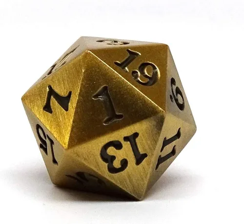 Vista 2 de Dados individuales de metal D20, diseño de metal legendario con fuente de firma (oro legendario)
