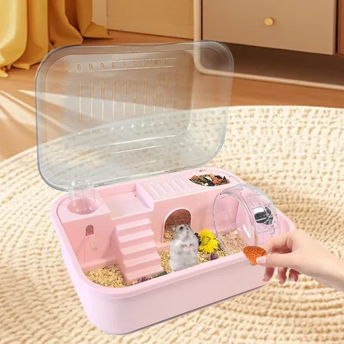 Vista 5 de Kit de jaula para hámster 9 en 1, transportador de viaje para hámster enano Rosa