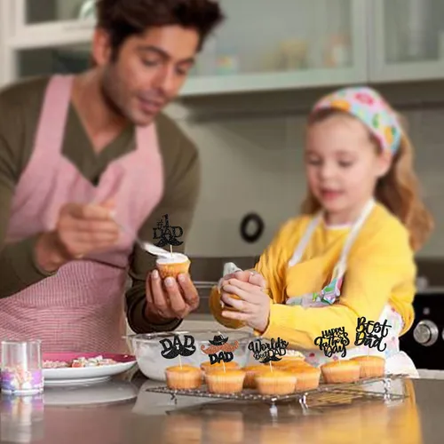 Vista 8 de Gyufise 24 piezas de decoración para cupcakes con bigote con purpurina negra del mundo para el mejor papá del mundo, decoraciones para el Día