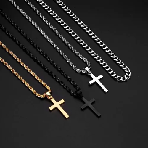 Vista 5 de Ursteel Layered Cross Necklace for Men, 18K Gold Silver Black Stainless Steel Mens Cross Necklaces Cross Chain Layered Rope Chain Cross Necklace for