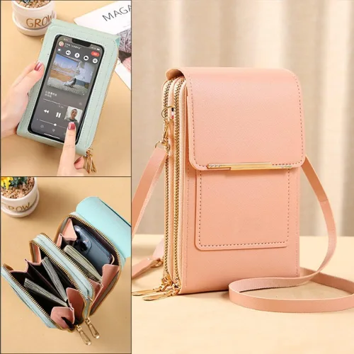 Vista 4 de Bolsa de cuero antirrobo, pequeña bolsa cruzada para teléfono celular para mujer con pantalla táctil
