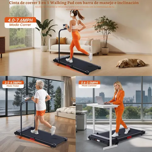 Vista 2 de Walking Pad Treadmill with Handle Bar, 3.0HP Portable Electric Treadmills for Exercising, 0.6-7.6MPH Mini Walking Pad Treadmill with Incline, Under
