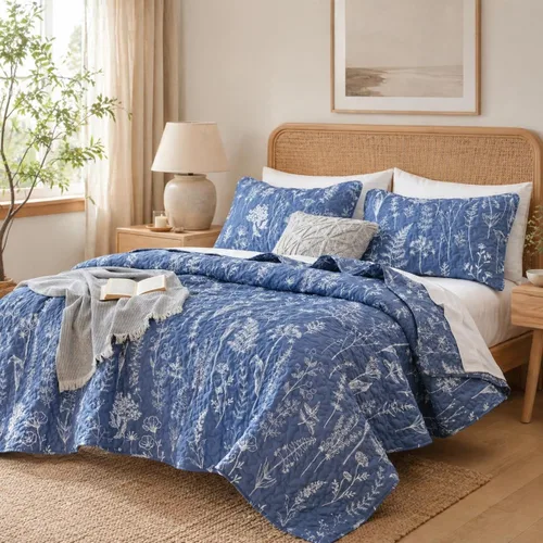 Vista 11 de JANZAA Juego de colcha tamaño Queen de 3 piezas con patrón floral, de microfibra ligera, ropa de cama reversible, 1 colcha y 2 fundas de almohada
