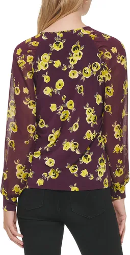 Vista 4 de Calvin Klein Blusa de gasa con estampado de manga poof para mujer