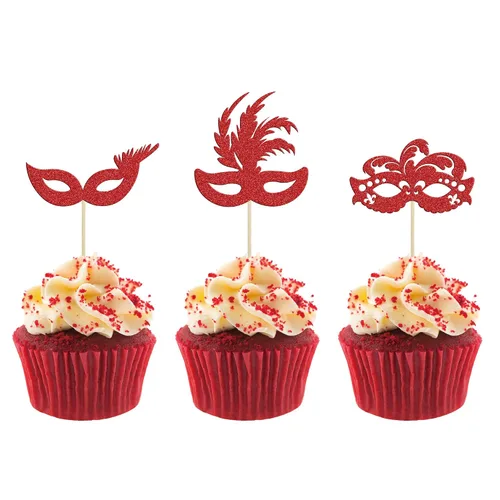 Vista 9 de Gyufise 24 máscaras de mascarada para cupcakes con purpurina para despedida de soltera, para cupcakes, comida y frutas, baile de máscaras, Mardi