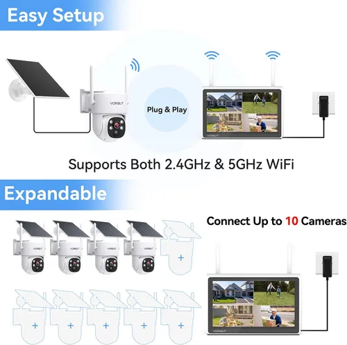 Vista 5 de Cámaras de seguridad solares inalámbricas para exteriores con monitor de 10 pulgadas, sistema de cámara solar 2K de 4 piezas, PTZ de 360°, visión