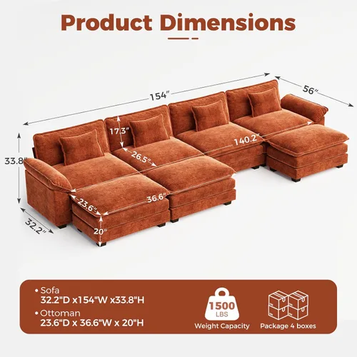 Vista 2 de Sofá modular de gran tamaño de 154 pulgadas, cómodo sofá en forma de U con 3 otomanas móviles, sofá moderno de felpilla de 7 plazas para sala