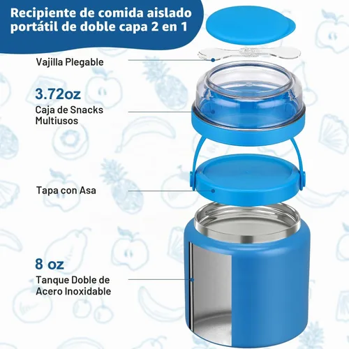 Vista 4 de JXXM Tarro de comida con doble aislamiento 2 en 1 de 13.5 onzas, termo de sopa con contenedor de aperitivos para niños, termo para comida caliente