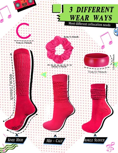 Vista 4 de 4 piezas de accesorios de los años 80 y 90 para mujer, calcetines de neón slouch Scrunch de los años 80, calentadores de piernas pesados, suaves