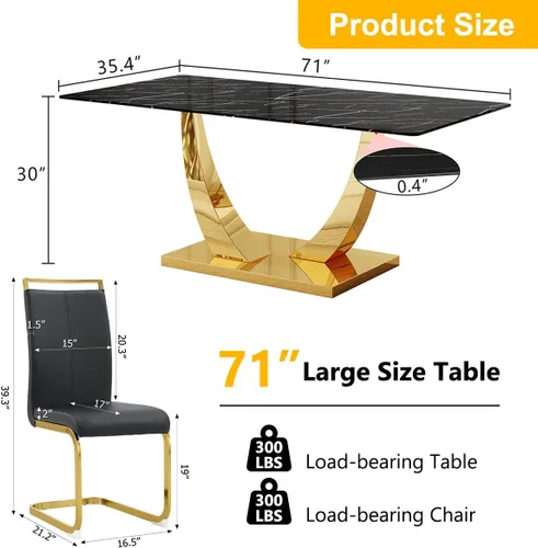 Vista 2 de Juego de Mesa de Comedor Negra para 6, Mesa de Comedor de Mármol Falso de 71" para 6, Juego de Mesa de Cocina Rectangular con Sillas de Cuero PU