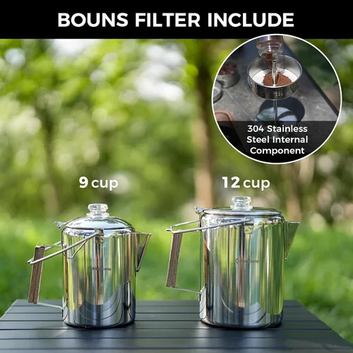 Vista 4 de KingCamp Percolator - Cafetera de acero inoxidable 304 con mango de madera para acampar al aire libre, cabina, caravana, cocina, caza y mochilero