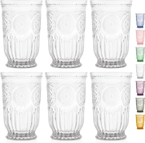 Vista 26 de Juego de vasos de beber ámbar Yungala, conjunto de 6 vasos de vidrio ámbar, vasos pequeños de agua de 8 oz, vasos de hobnail aptos