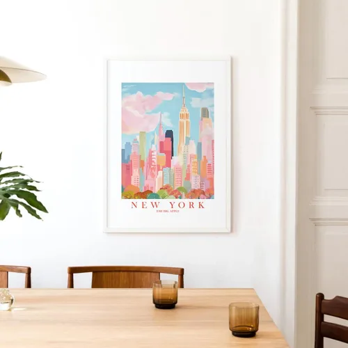 Vista 7 de ColorAndFlair Póster retro de viaje de Nueva York con diseño de horizonte rojo, rosa y naranja, póster retro de recuerdo de la gran manzana, pintura