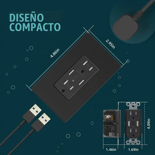 Vista 5 de TOPELER Toma de corriente de carga USB negra de 4.8 A, receptáculo dúplex resistente a manipulaciones de 15 amperios, enchufe eléctrico con puertos