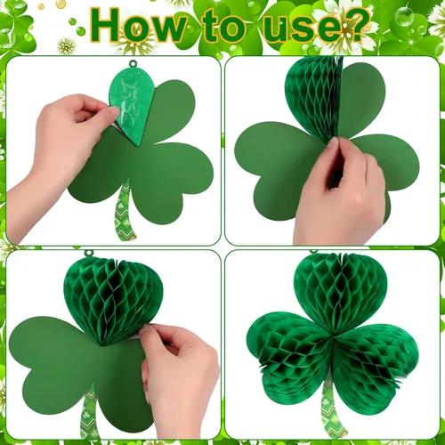 Vista 3 de Karenhi 12 piezas de decoración grande del día de San Patricio de 6.7 pulgadas, adornos de panal de abeja de trébol irlandés 3D, decoración de techo