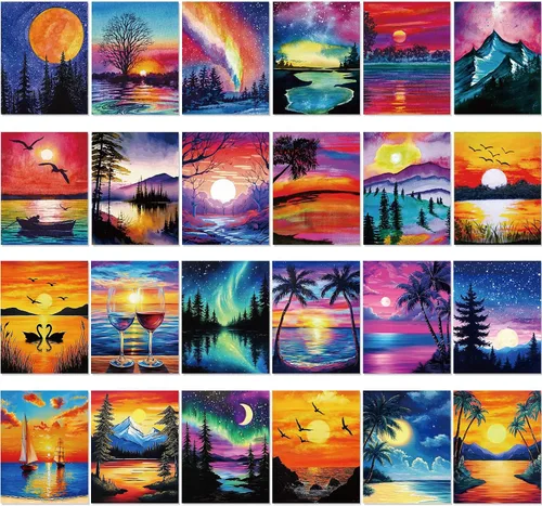 Vista 20 de Sherr Juego de 24 lienzos predibujados para pintar para adultos, lienzo preimpreso a granel, sorbo y pintura, paneles estirados, juego de pintura