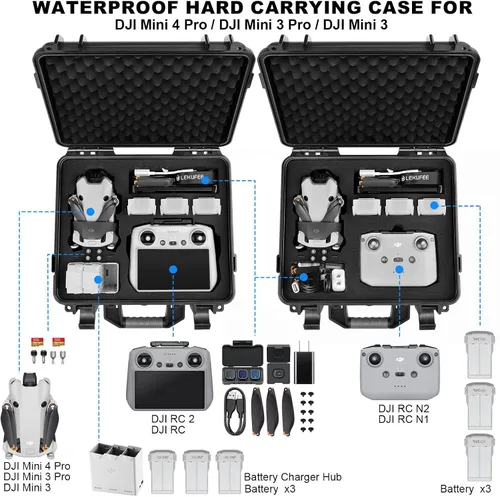 Vista 2 de Lekufee Waterproof Hard Carrying Case for DJI Mini 4 Pro/4/3 Pro/Mini 3,Fly More Combo,DJI RC 2/RC,RC N3/2/1 Remote Controller and Accessories(Case