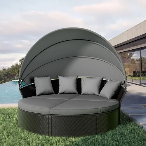 Vista 7 de Crownland Cama con dosel para patio al aire libre, sofá cama redonda con cojines lavables, asiento seccional de concha con muebles de mimbre