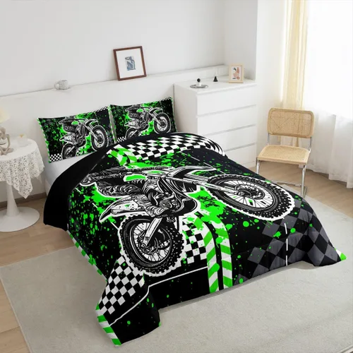 Vista 5 de Feelyou Kids Green Dirt Bike Duvet Insert Twin Size, Extreme Sports Comforter Set Boys Girls Motorbike Bedding Set Teens Bedroom Decor Microfiber