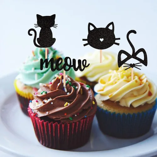 Vista 7 de Paquete de 24 adornos para cupcakes de gato y miau, con purpurina negra, para gatitos, gatos, cupcakes, alimentos, amantes de los gatos, temática