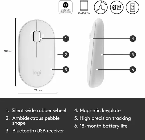 Vista 6 de Logitech Pebble - Ratón inalámbrico, Bluetooth o 2.4 GHz con mini-receptor USB, silencioso y delgado mouse de computadora con clic silencioso