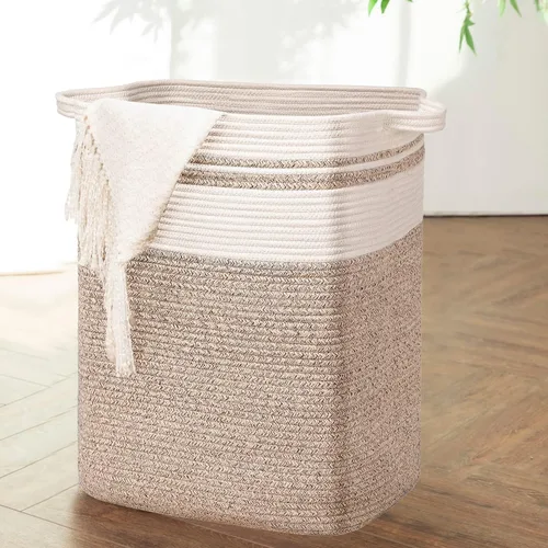 Vista 29 de DOFASAYI Cesta de lavandería grande de 72 litros con asas de cuero, cesta de almacenamiento decorativa para mantas, cesta de ropa para sala
