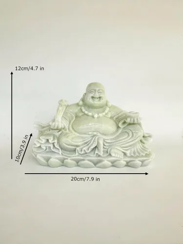 Vista 5 de Estatua tallada de mármol blanco y verde de 7.9 pulgadas, Buda sentado y riendo Feng Shui para buena suerte, riqueza y felicidad, decoración