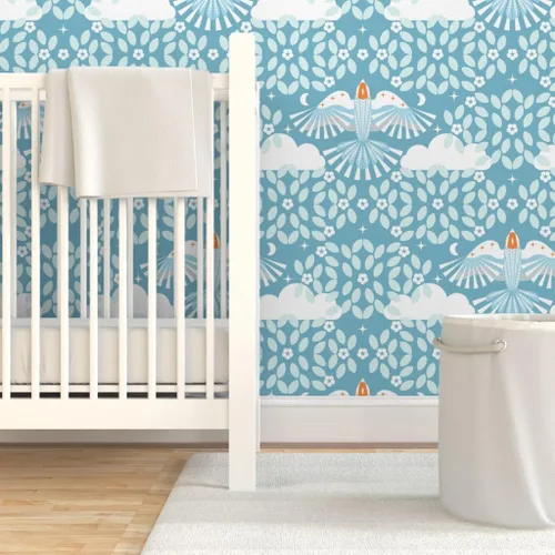 Vista 6 de Spoonflower Blue Sky Folk Art Pre-Pasted Removable Wallpaper Sample 12" x 24" Dreaming Scandi Scandinavian Mystical Water-activated, simple to