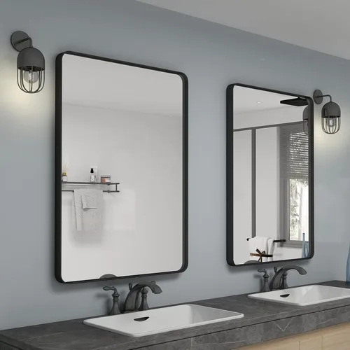 Vista 44 de Paquete de 2 espejos de baño con marco de metal negro de 22 x 30 pulgadas, espejo rectangular redondeado negro mate, antioxidante, se cuelga