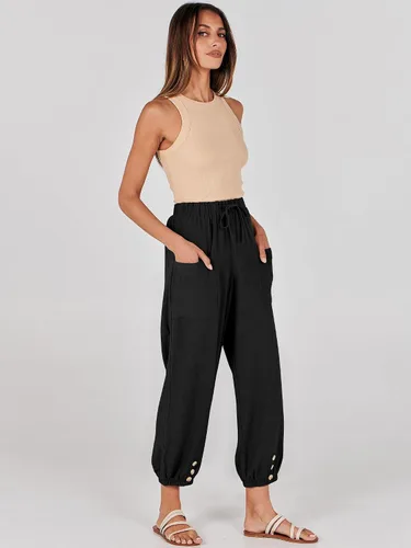 Vista 8 de ANRABESS Pantalones de lino de verano para mujer, estilo casual, pierna ancha, con cordón en la cintura, pantalones palazzo recortados