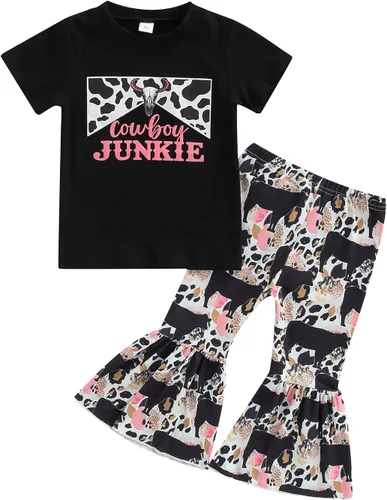 Vista 43 de fhutpw Conjunto de camiseta de manga corta con estampado de vaca y pantalones acampanados de dibujos animados para niñas