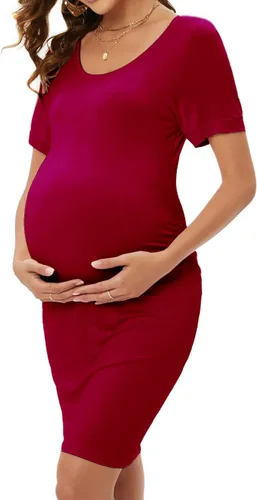 Vista 3 de ZIUMUDY Vestido ajustado de maternidad fruncido con cuello redondo y manga corta para baby shower, embarazo, vestido casual