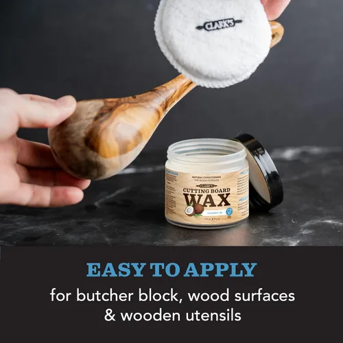Vista 3 de CLARK'S Kit de acabado de aceite y cera para tabla de cortar de coco, fabricado con aceite de coco refinado, incluye aceite (12 onzas), cera