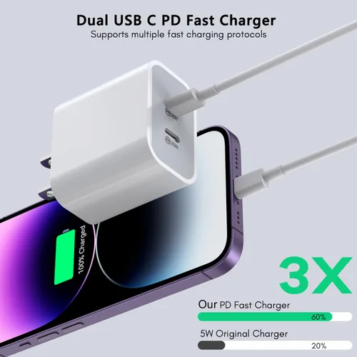 Vista 2 de Cargador rápido para iPhone de 10 pies, [certificado Apple MFi] Paquete de 2 cargadores rápidos PD Dual Apple, bloque de carga USBC, cable Lightning