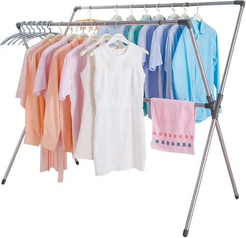 Vista 2 de BAOYOUNI Estante plegable de secado de ropa de acero inoxidable con doble poste, barras expandibles, ahorro de espacio, retráctil, resistente