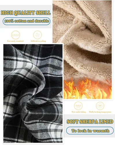 Vista 6 de IVUMA Camisas de algodón a cuadros de manga larga para hombre, chaqueta de franela con forro polar, camisas de franela Sherpa con botones y capucha
