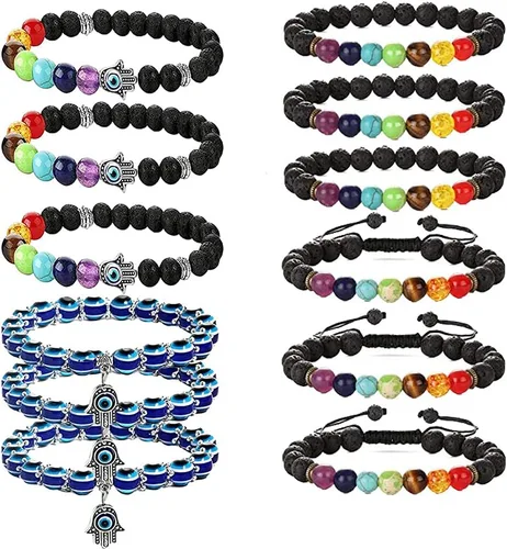 Vista 11 de 2 Pulseras elásticas con cuentas azules de ojo malvado, 7 chakras, piedra de lava, mano de Hamsa