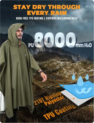 Vista 3 de ANYOO Poncho de lluvia con capucha para adultos impermeable ligero abrigo de lluvia para hombres mujeres chaqueta de lluvia reutilizable para Verde