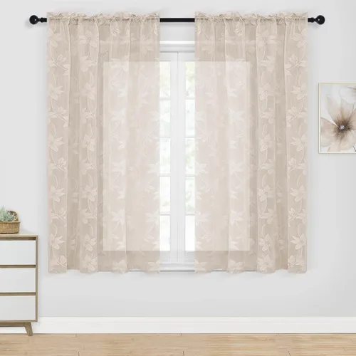 Vista 31 de DWCN Paquete de 2 cortinas traslúcidas pequeñas de encaje floral beige para cocina, cortinas traslúcidas ligeras con bolsillo para barra, cortinas