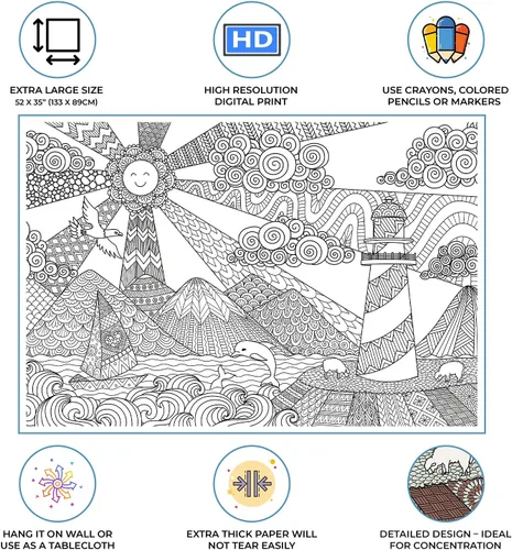 Vista 4 de Dekali Designs Seascape - Póster para colorear extra grande para adultos, 35 x 52 pulgadas, tamaño gigante en papel grueso de alta calidad