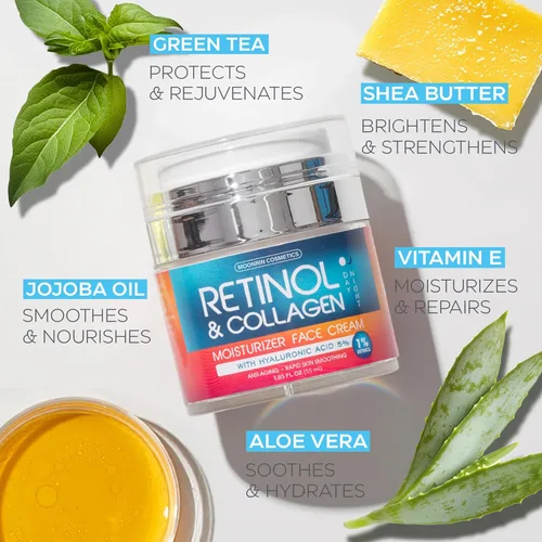 Vista 8 de Crema de retinol para cara con ácido hialurónico – Hidratante facial de colágeno para mujeres y hombres – Fórmula avanzada antienvejecimiento