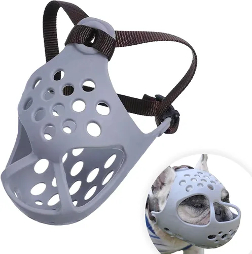 Vista 7 de Bozal corto para perro – Bozal ajustable de silicona suave para bulldog con cara plana, máscara transpirable para perro para morder, masticar