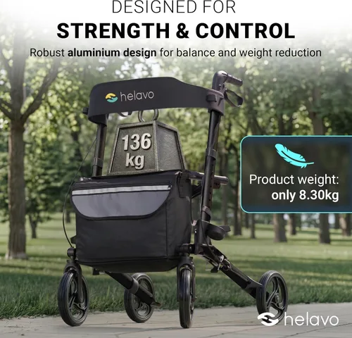 Vista 5 de Helavo Rodillo plegable con asiento, ruedas giratorias de 360° de 8 pulgadas, 24.8 pulgadas de ancho, andador de aluminio ligero para personas