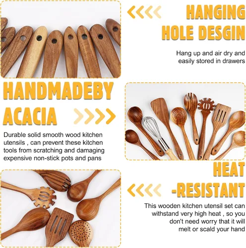 Vista 3 de 11 cucharas de madera para cocinar, utensilios de madera de teca natural para cocinar, juego de utensilios de cocina de madera antiadherente