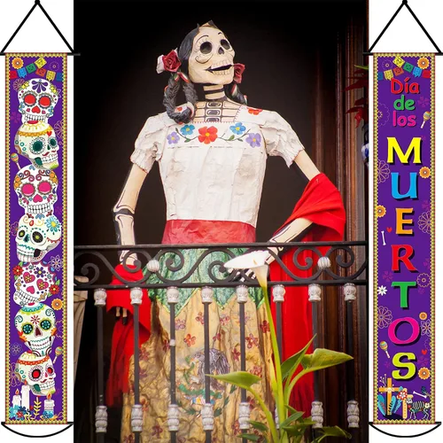 Vista 6 de Juego de 3 pancartas de decoración del Día de los Muertos para fiesta mexicana, decoración del Día de los Muertos, letrero de porche, bandera